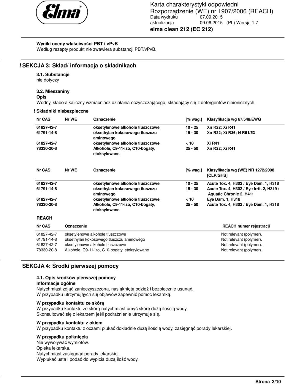 ] Klasyfikacja wg 67/548/EWG 61827-42-7 oksetylenowe alkohole tłuszczowe 10-25 Xn R22; Xi R41 61791-14-8 oksethylan kokosowego tłuszczu 15-30 Xn R22; Xi R36; N R51/53 aminowego 61827-42-7