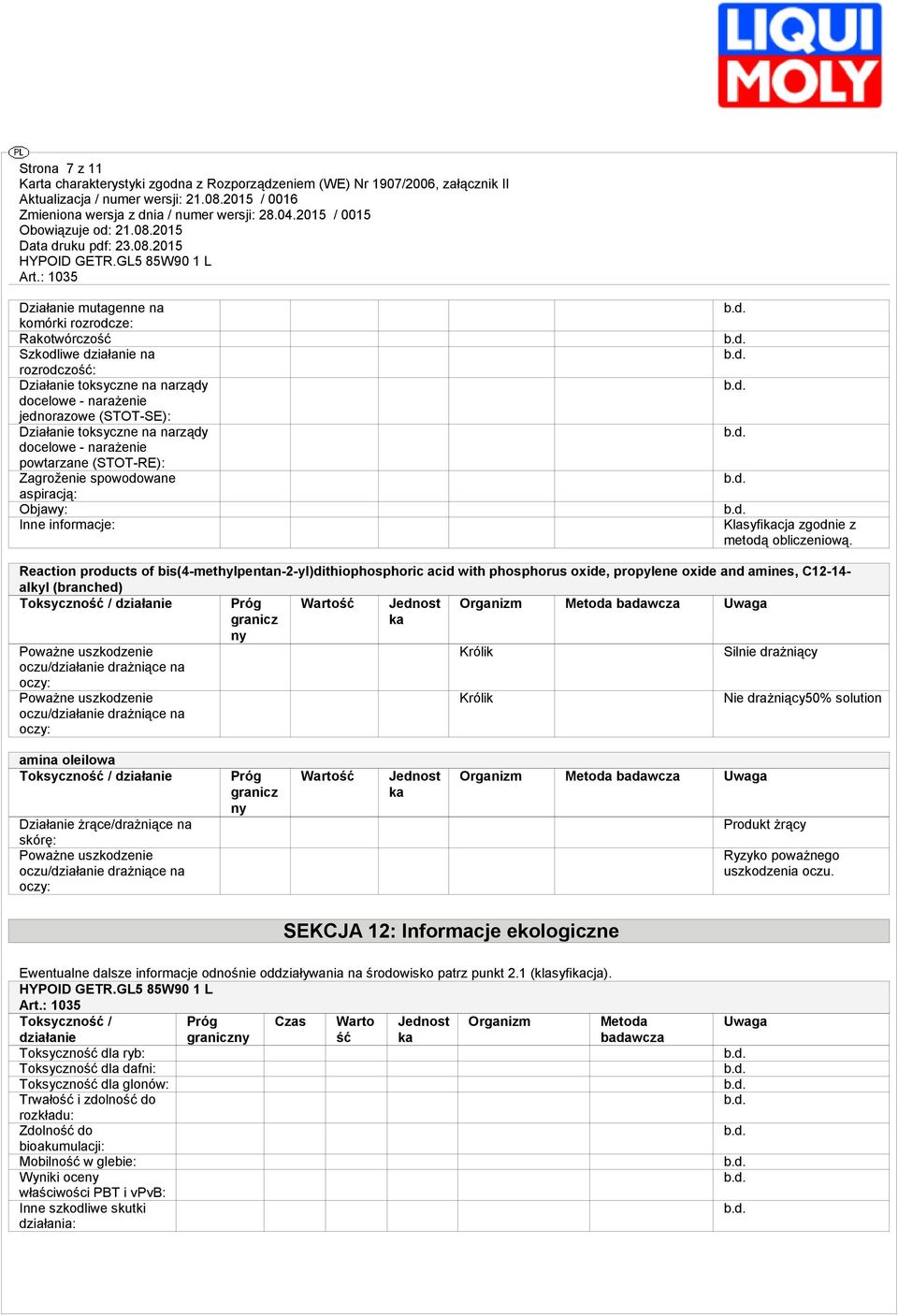 Reaction products of bis(4-methylpentan-2-yl)dithiophosphoric acid with phosphorus oxide, propylene oxide and amines, C12-14- alkyl (branched) Toksyczność / działanie Wartość Organizm Metoda badawcza