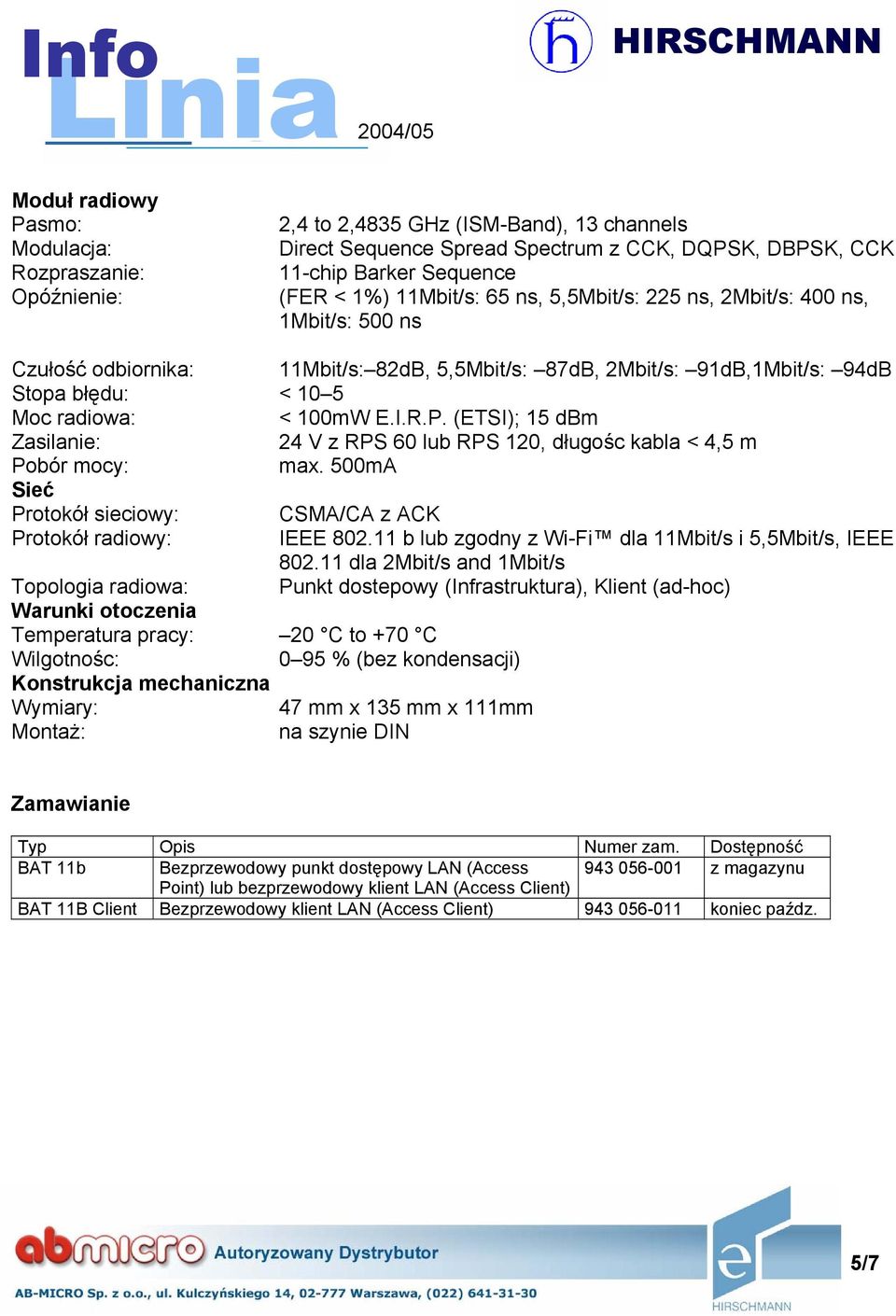 (ETSI); 15 dbm Zasilanie: 24 V z RPS 60 lub RPS 120, długośc kabla < 4,5 m Pobór mocy: max. 500mA Sieć Protokół sieciowy: CSMA/CA z ACK Protokół radiowy: IEEE 802.