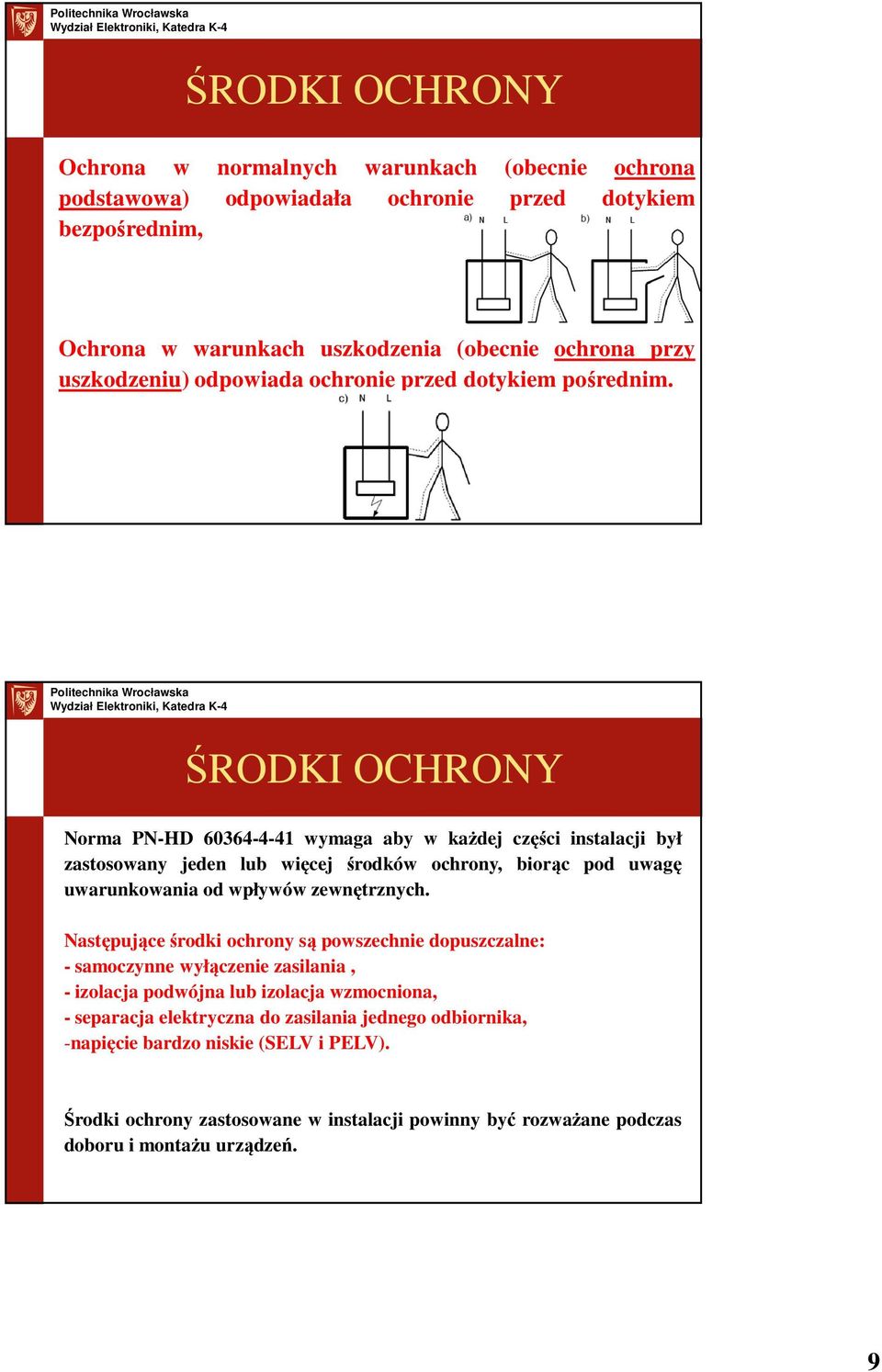 ŚRODKI OCHRONY Norma PN-HD 60364-4-41 wymaga aby w każdej części instalacji był zastosowany jeden lub więcej środków ochrony, biorąc pod uwagę uwarunkowania od wpływów zewnętrznych.