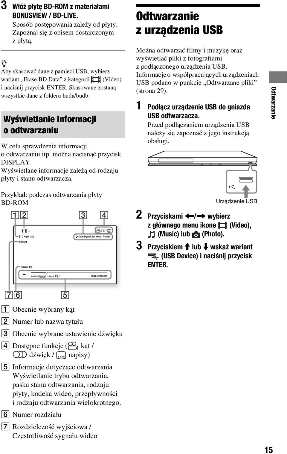 Wyświetlanie informacji o odtwarzaniu W celu sprawdzenia informacji o odtwarzaniu itp. można nacisnąć przycisk DISPLAY. Wyświetlane informacje zależą od rodzaju płyty i stanu odtwarzacza.