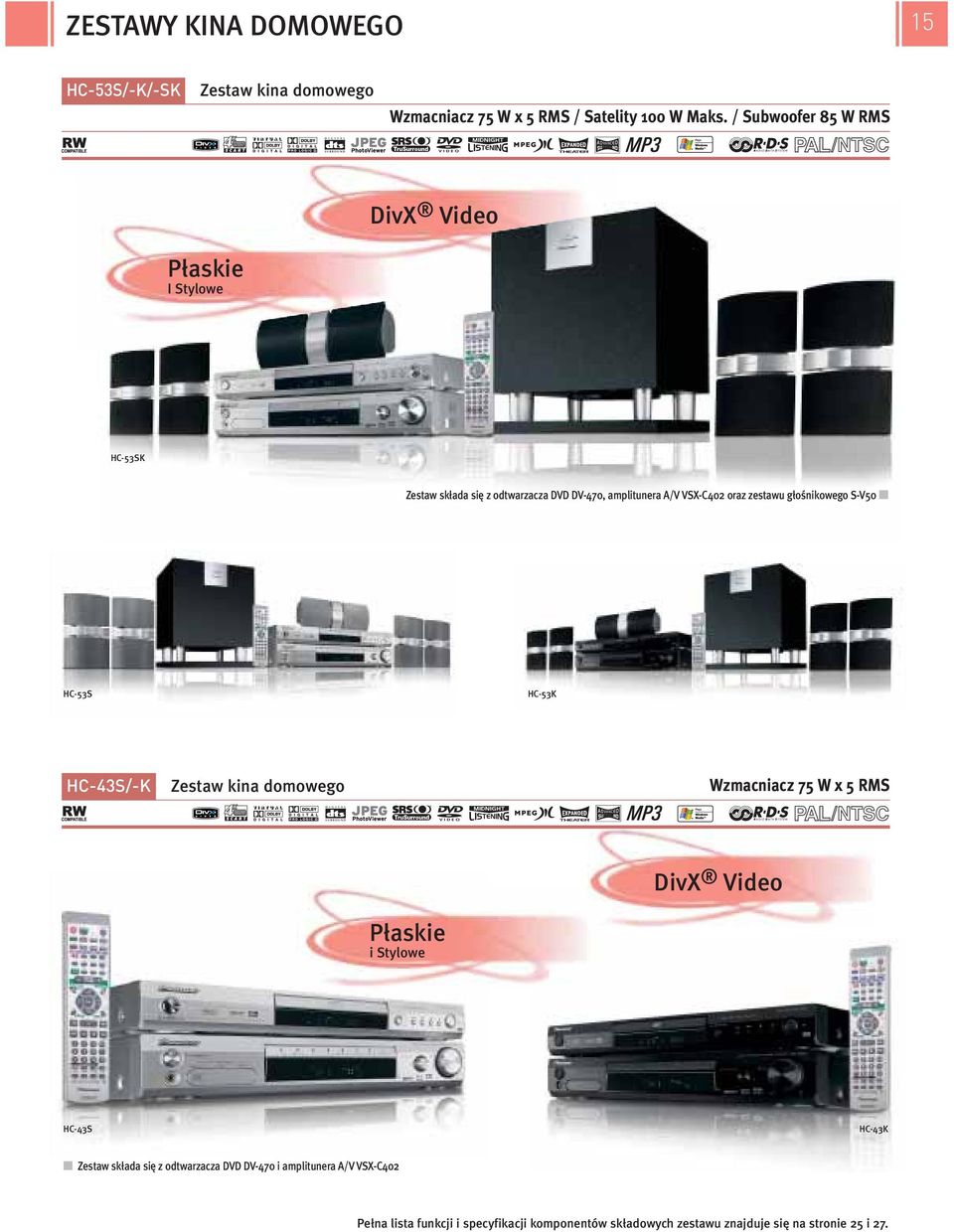 oraz zestawu głośnikowego S-V50 HC-53S HC-53K HC-43S/-K Zestaw kina domowego Wzmacniacz 75 W x 5 RMS SkP O yb/a DivX Video Płaskie i Stylowe
