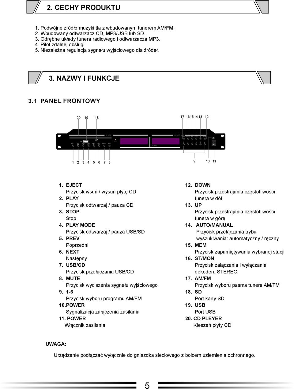 1 PANEL FRONTOWY 20 19 18 17 161514 13 12 CD PLAYER AM/FM DTS TUNER AUTO/ AM/FM ST/MON MEM MANUAL UP DO WN POWER USB EJECT PLAY STOP PLAY MODE PREV NEXT USB/CD MUTE IR STATUS 1 2 3 4 5 6 REMOTE 1 2 3