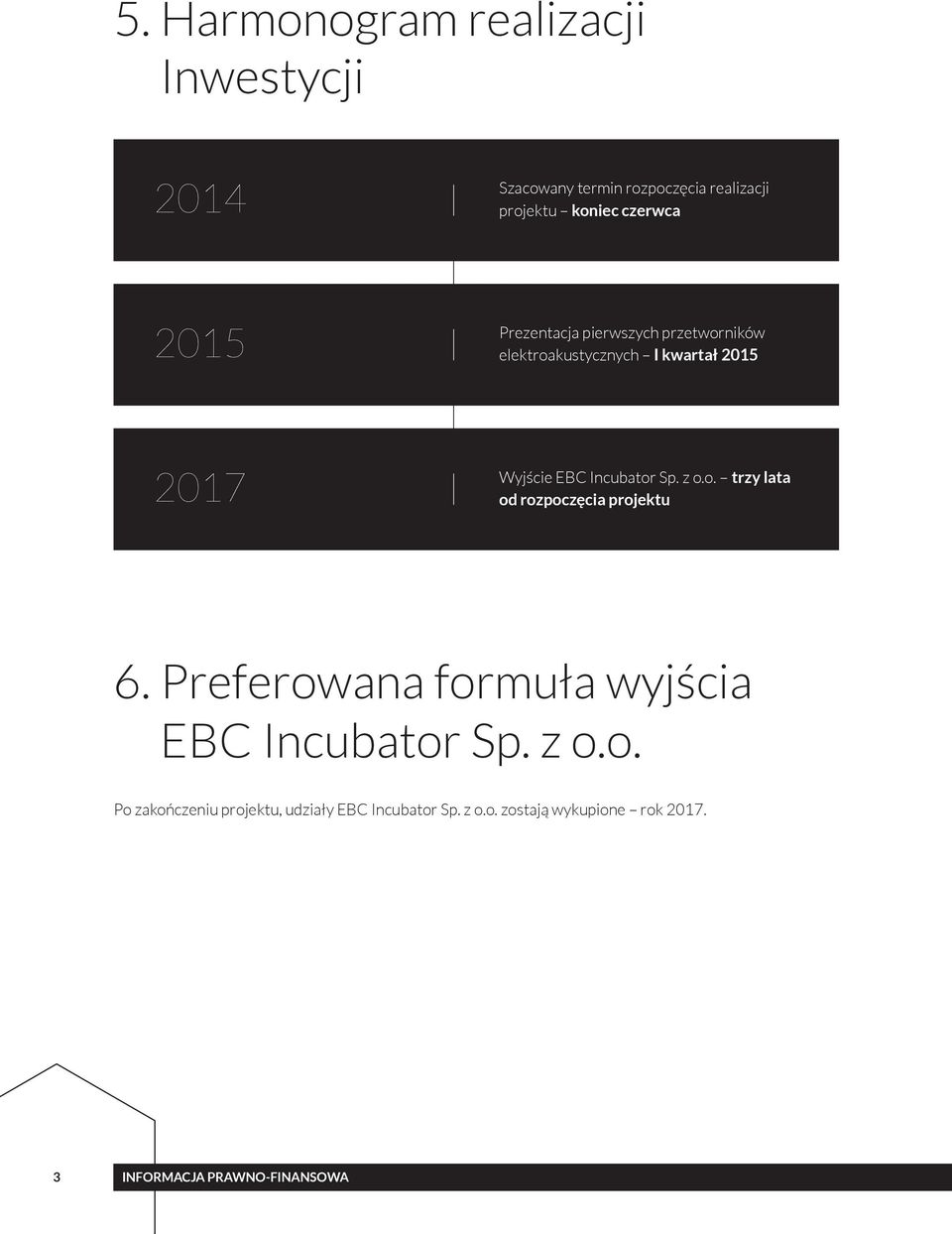 z o.o. trzy lata od rozpoczęcia projektu 6. Preferowana formuła wyjścia EBC Incubator Sp. z o.o. Po zakończeniu projektu, udziały EBC Incubator Sp.