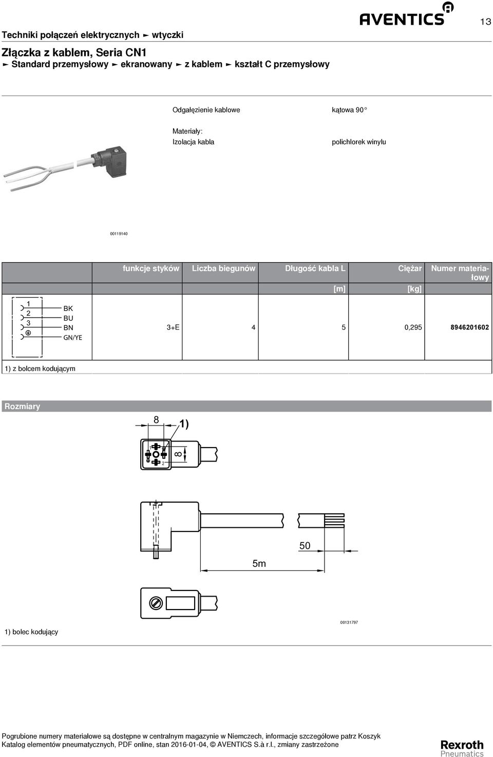 styków Liczba biegunów Długość kabla L Ciężar Numer materiałowy [m] [kg] 3+E 5 0,95 896060 ) z bolcem kodującym Rozmiary 8