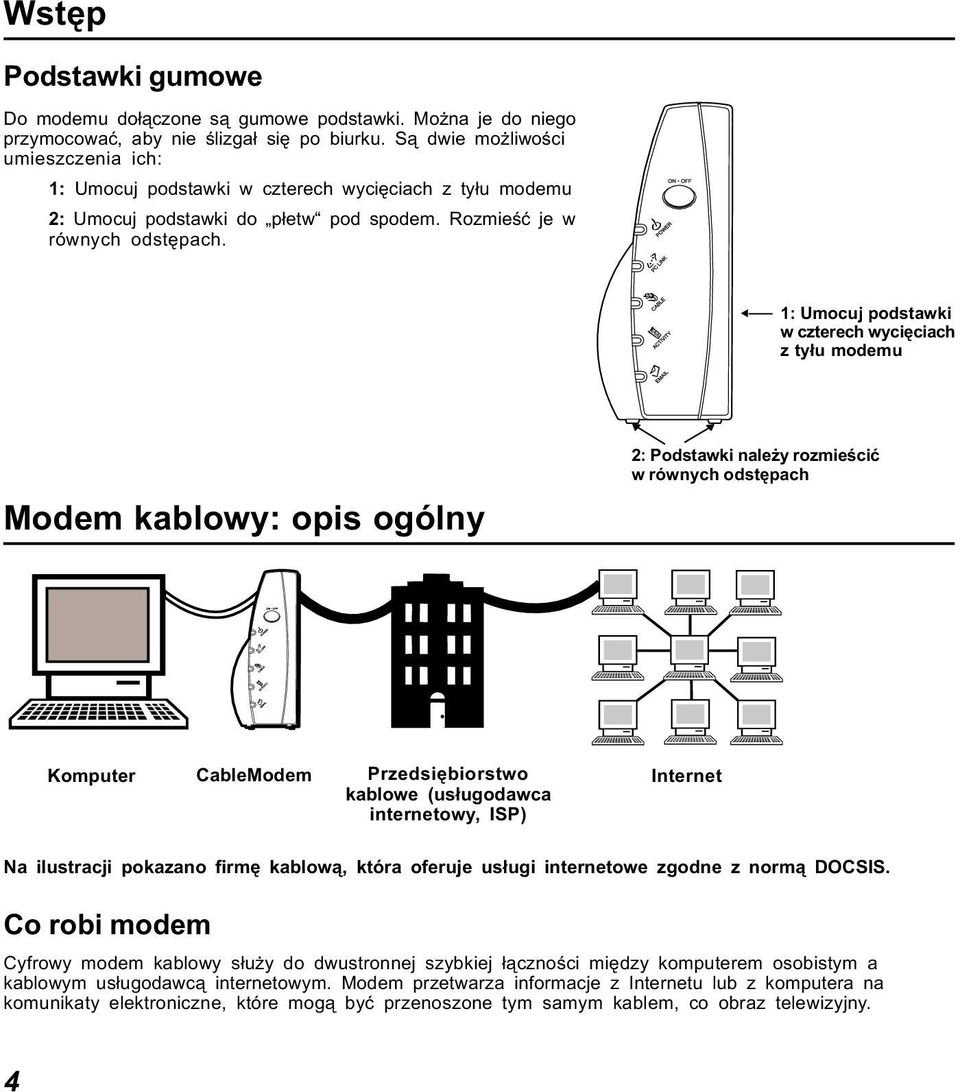 1: Umocuj podstawki w czterech wycięciach z tyłu modemu Modem kablowy: opis ogólny 2: Podstawki należy rozmieścić w równych odstępach Komputer CableModem Przedsiębiorstwo kablowe (usługodawca