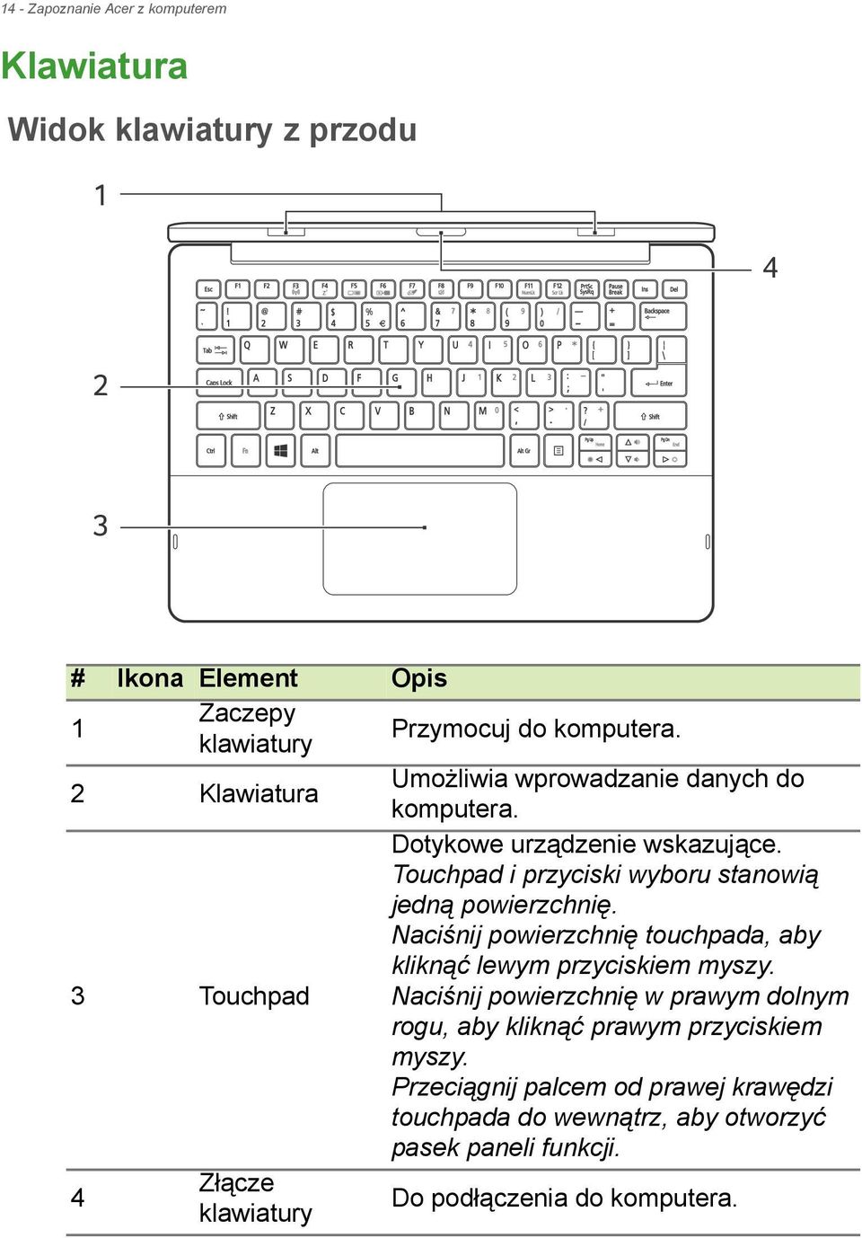 Touchpad i przyciski wyboru stanowią jedną powierzchnię. Naciśnij powierzchnię touchpada, aby kliknąć lewym przyciskiem myszy.