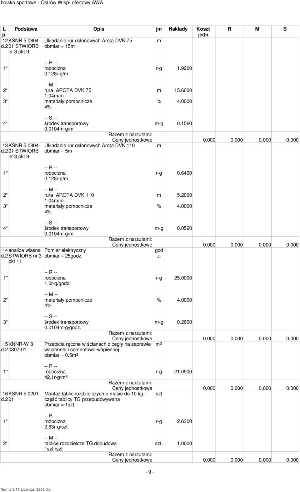 128r-g/ 2* rura AROTA DVK 110 5.2000 1.04/ 3* ateriały poocnicze % 4.0000 4* środek transportowy -g 0.0520 0.0104-g/ 14analiza własna d.2 3 pkt 11 Poiar elektryczny obiar = 25godz.