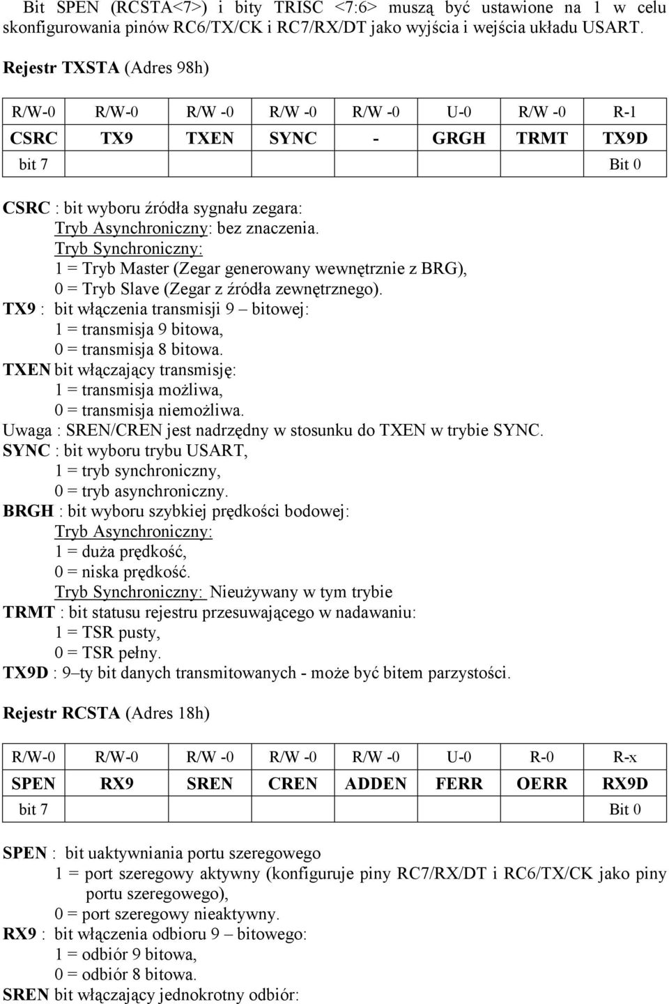 Tryb Synchroniczny: 1 = Tryb Master (Zegar generowany wewnętrznie z BRG), 0 = Tryb Slave (Zegar z źródła zewnętrznego).