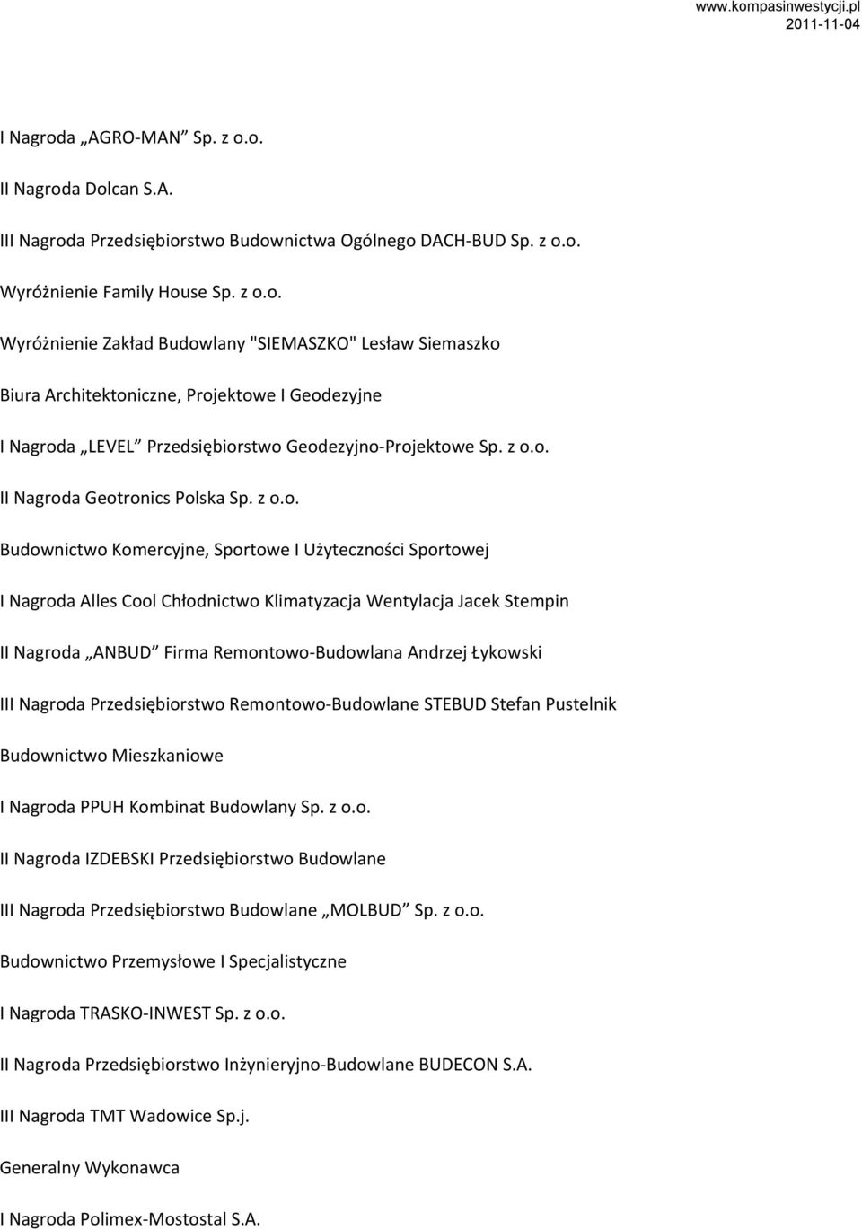 Remontowo-Budowlana Andrzej Łykowski III Nagroda Przedsiębiorstwo Remontowo-Budowlane STEBUD Stefan Pustelnik Budownictwo Mieszkaniowe I Nagroda PPUH Kombinat Budowlany Sp. z o.o. II Nagroda IZDEBSKI Przedsiębiorstwo Budowlane III Nagroda Przedsiębiorstwo Budowlane MOLBUD Sp.