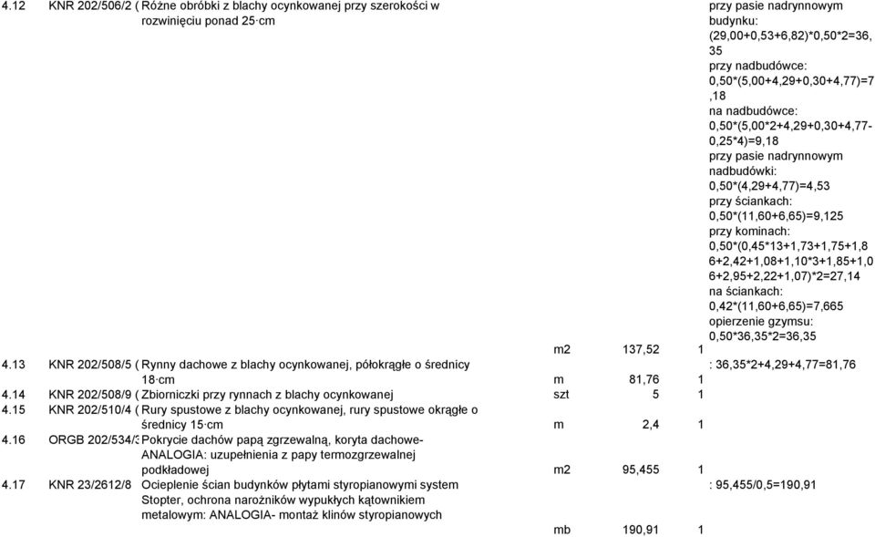 0,50*(0,45*13+1,73+1,75+1,8 6+2,42+1,08+1,10*3+1,85+1,0 6+2,95+2,22+1,07)*2=27,14 na ściankach 0,42*(11,60+6,65)=7,665 opierzenie gzymsu 0,50*36,35*2=36,35 m2 137,52 1 4.