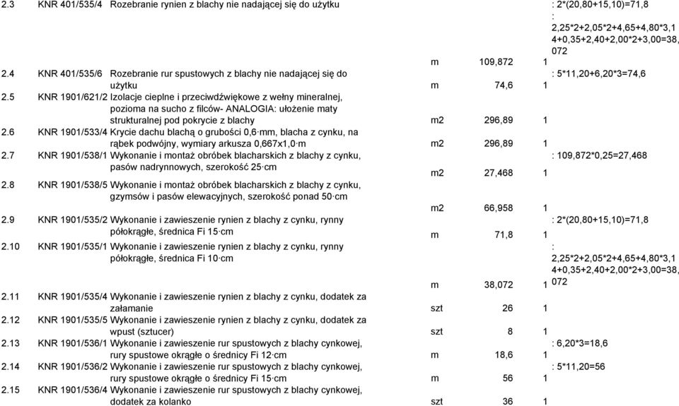 5 KNR 1901/621/2 Izolacje cieplne i przeciwdźwiękowe z wełny mineralnej, pozioma na sucho z filców- ANALOGIA ułożenie maty strukturalnej pod pokrycie z blachy m2 296,89 1 2.