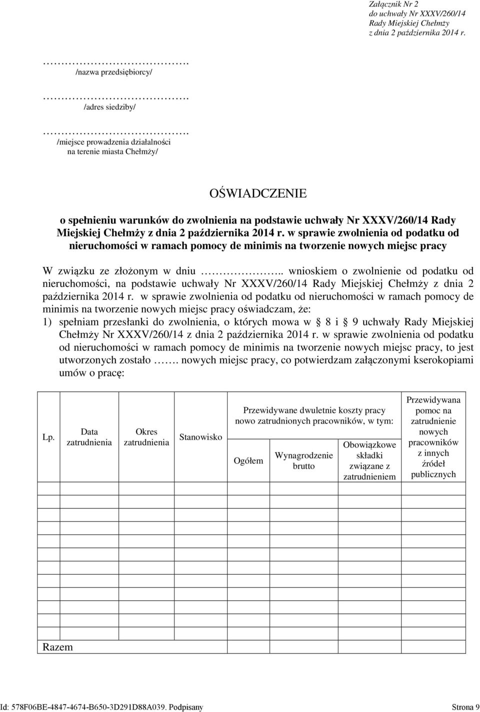 w sprawie zwolnienia od podatku od nieruchomości w ramach pomocy de minimis na tworzenie nowych miejsc pracy W związku ze złożonym w dniu.