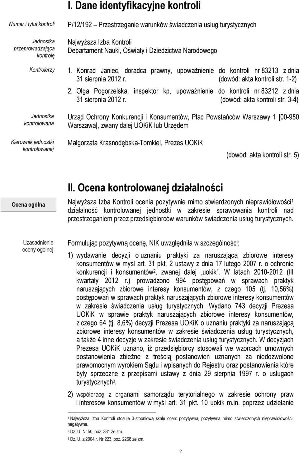 1-2) 2. Olga Pogorzelska, inspektor kp, upoważnienie do kontroli nr 83212 z dnia 31 sierpnia 2012 r. (dowód: akta kontroli str.