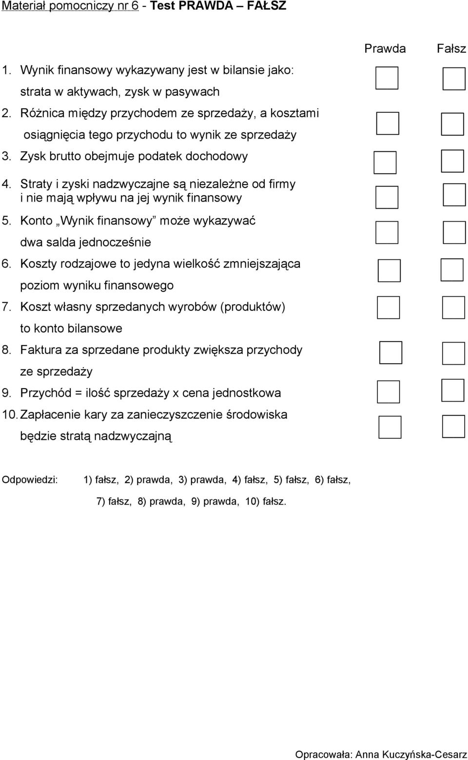 Straty i zyski nadzwyczajne są niezależne od firmy i nie mają wpływu na jej wynik finansowy 5. Konto Wynik finansowy może wykazywać dwa salda jednocześnie 6.