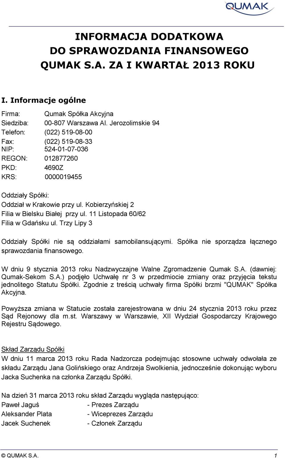 Kobierzyńskiej 2 Filia w Bielsku Białej przy ul. 11 Listopada 60/62 Filia w Gdańsku ul. Trzy Lipy 3 Oddziały Spółki nie są oddziałami samobilansującymi.