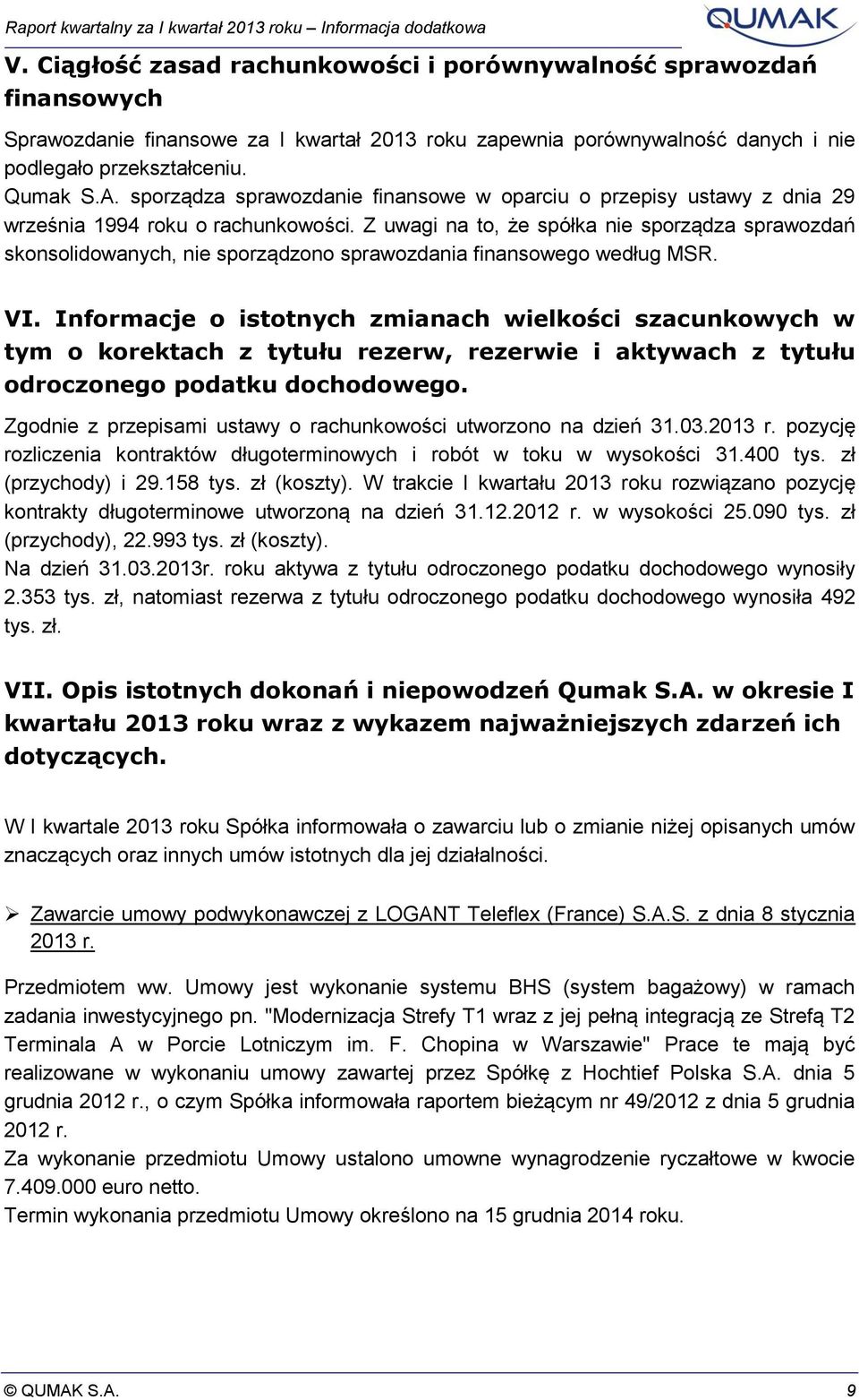 Z uwagi na to, że spółka nie sporządza sprawozdań skonsolidowanych, nie sporządzono sprawozdania finansowego według MSR. VI.