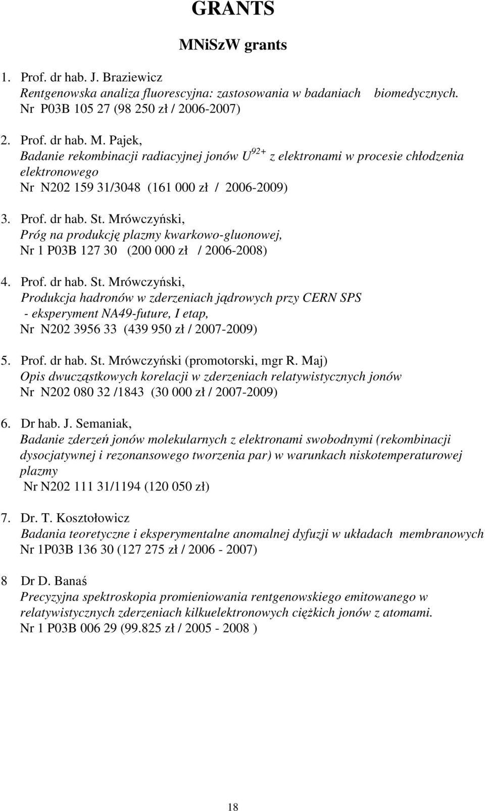 Prof. dr hab. St. Mrówczyński (promotorski, mgr R. Maj) Opis dwucząstkowych korelacji w zderzeniach relatywistycznych jonów Nr N202 080 32 /1843 (30 000 zł / 2007-2009) 6. Dr hab. J.