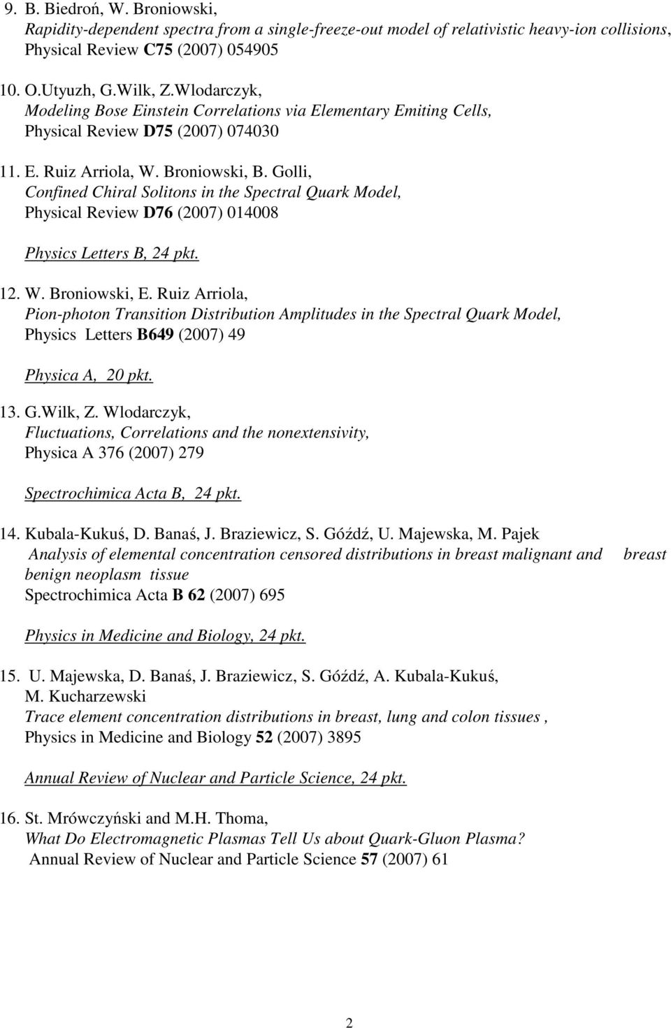 Golli, Confined Chiral Solitons in the Spectral Quark Model, Physical Review D76 (2007) 014008 Physics Letters B, 24 pkt. 12. W. Broniowski, E.