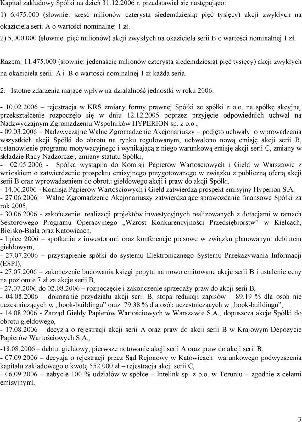 Razem: 11.475.000 (słownie: jedenaście milionów czterysta siedemdziesiąt pięć tysięcy) akcji zwykłych na okaziciela serii: A i B o wartości nominalnej 1 zł każda seria. 2.