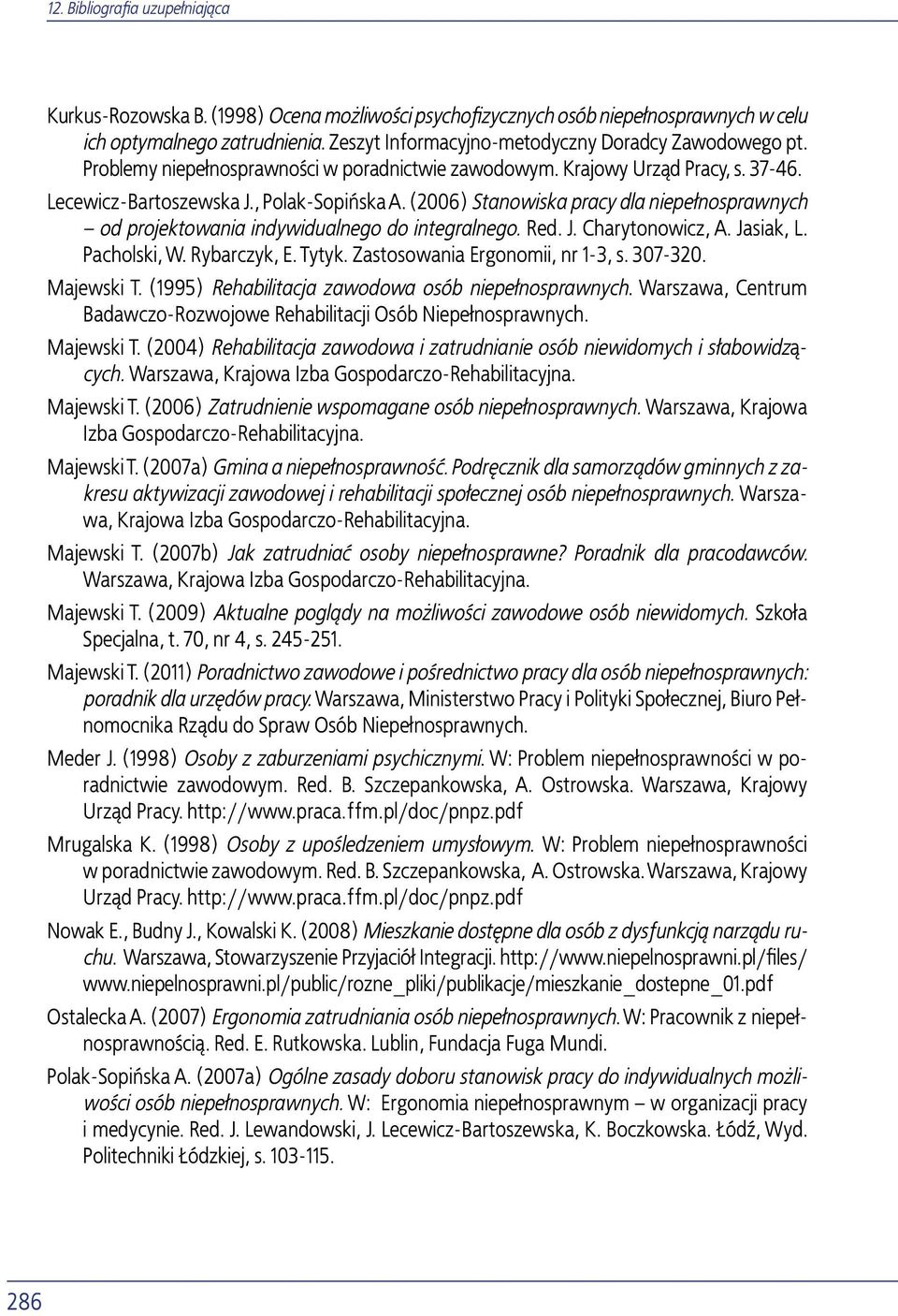 (2006) Stanowiska pracy dla niepełnosprawnych od projektowania indywidualnego do integralnego. Red. J. Charytonowicz, A. Jasiak, L. Pacholski, W. Rybarczyk, E. Tytyk.