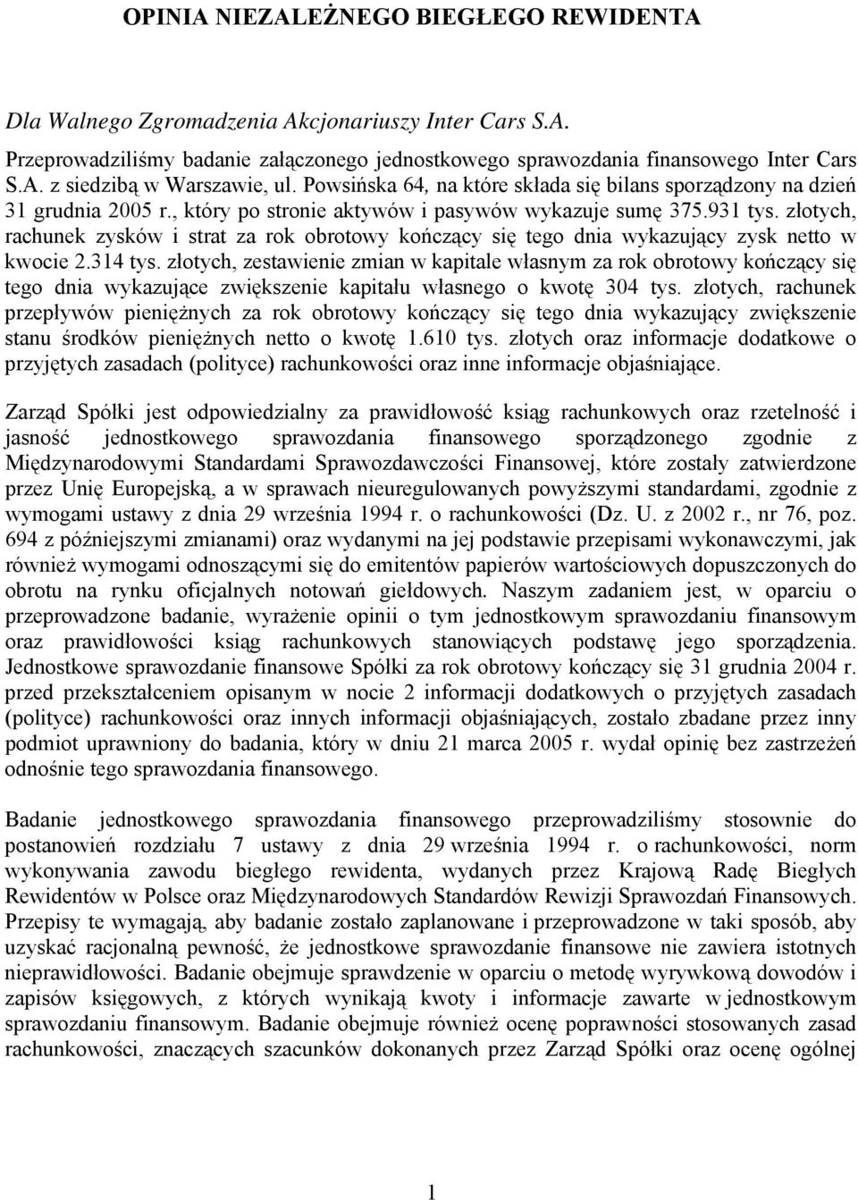 złotych, rachunek zysków i strat za rok obrotowy kończący się tego dnia wykazujący zysk netto w kwocie 2.314 tys.