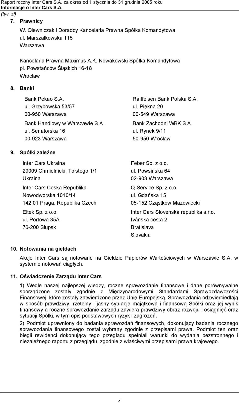 A. ul. Rynek 9/11 50-950 Wrocław 9. Spółki zależne Inter Cars Ukraina 29009 Chmielnicki, Tołstego 1/1 Ukraina Inter Cars Ceska Republika Nowodworska 1010/14 142 01 Praga, Republika Czech Eltek Sp.