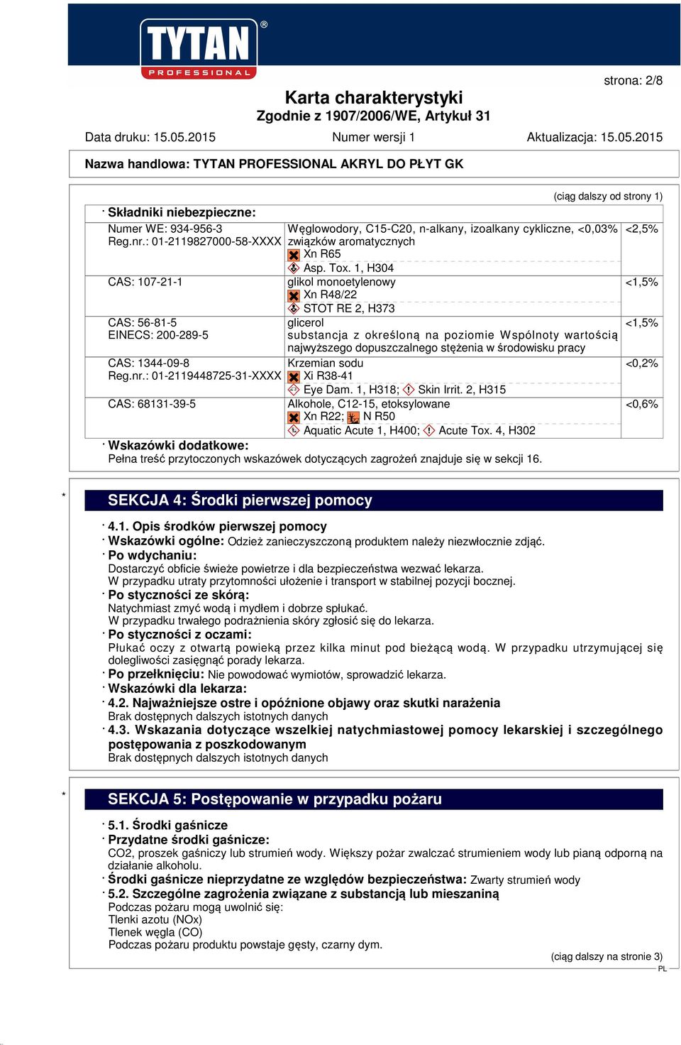 : 01-2119448725-31-XXXX CAS: 68131-39-5 (ciąg dalszy od strony 1) Węglowodory, C15-C20, n-alkany, izoalkany cykliczne, <0,03% związków aromatycznych Xn R65 Asp. Tox.