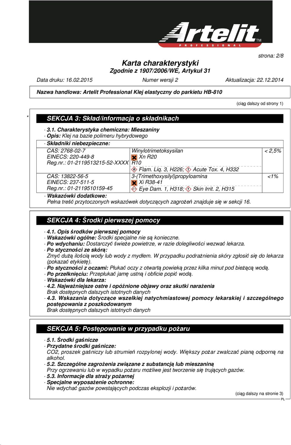 4, H332 3-(Trimethoxysilyl)propyloamina Xi R38-41 Eye Dam. 1, H318; Skin Irrit. 2, H315 Wskazówki dodatkowe: Pełna treść przytoczonych wskazówek dotyczących zagrożeń znajduje się w sekcji 16.