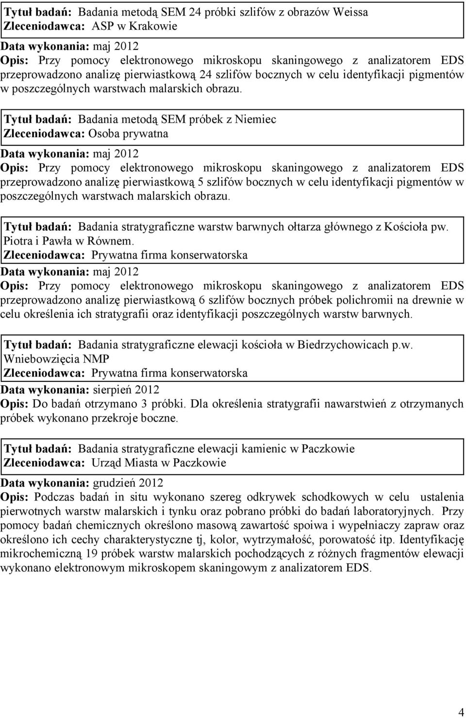 Tytuł badań: Badania metodą SEM próbek z Niemiec Zleceniodawca: Osoba prywatna Data wykonania: maj 2012 przeprowadzono analizę pierwiastkową 5 szlifów bocznych w celu identyfikacji  Tytuł badań: