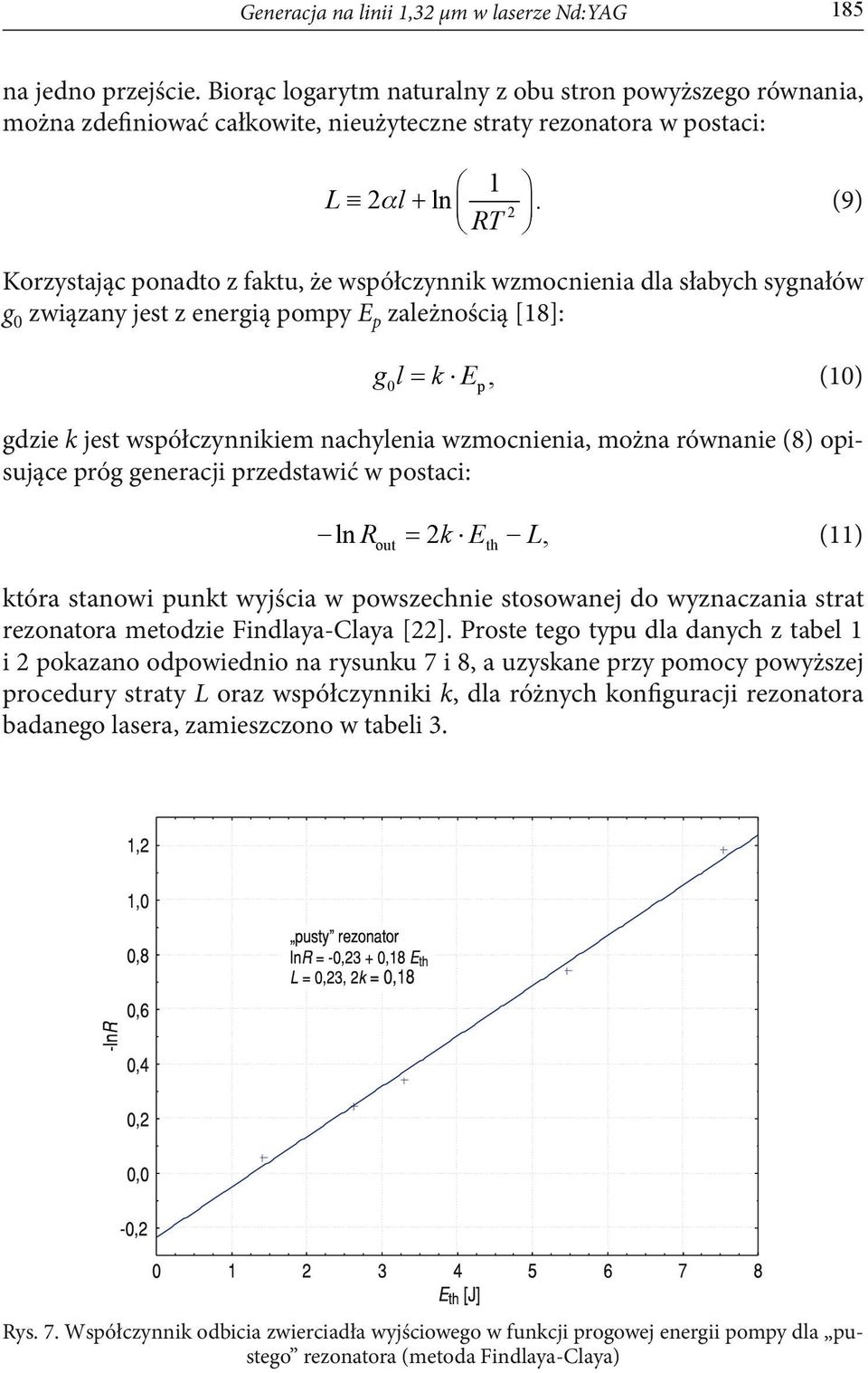 RT l+ 2 (9) Korzystając ponadto z faktu, że współczynnik wzmocnienia dla słabych sygnałów g 0 związany jest z energią pompy E p zależnością [18]: gl= (10) k E, 0 p gdzie k jest współczynnikiem