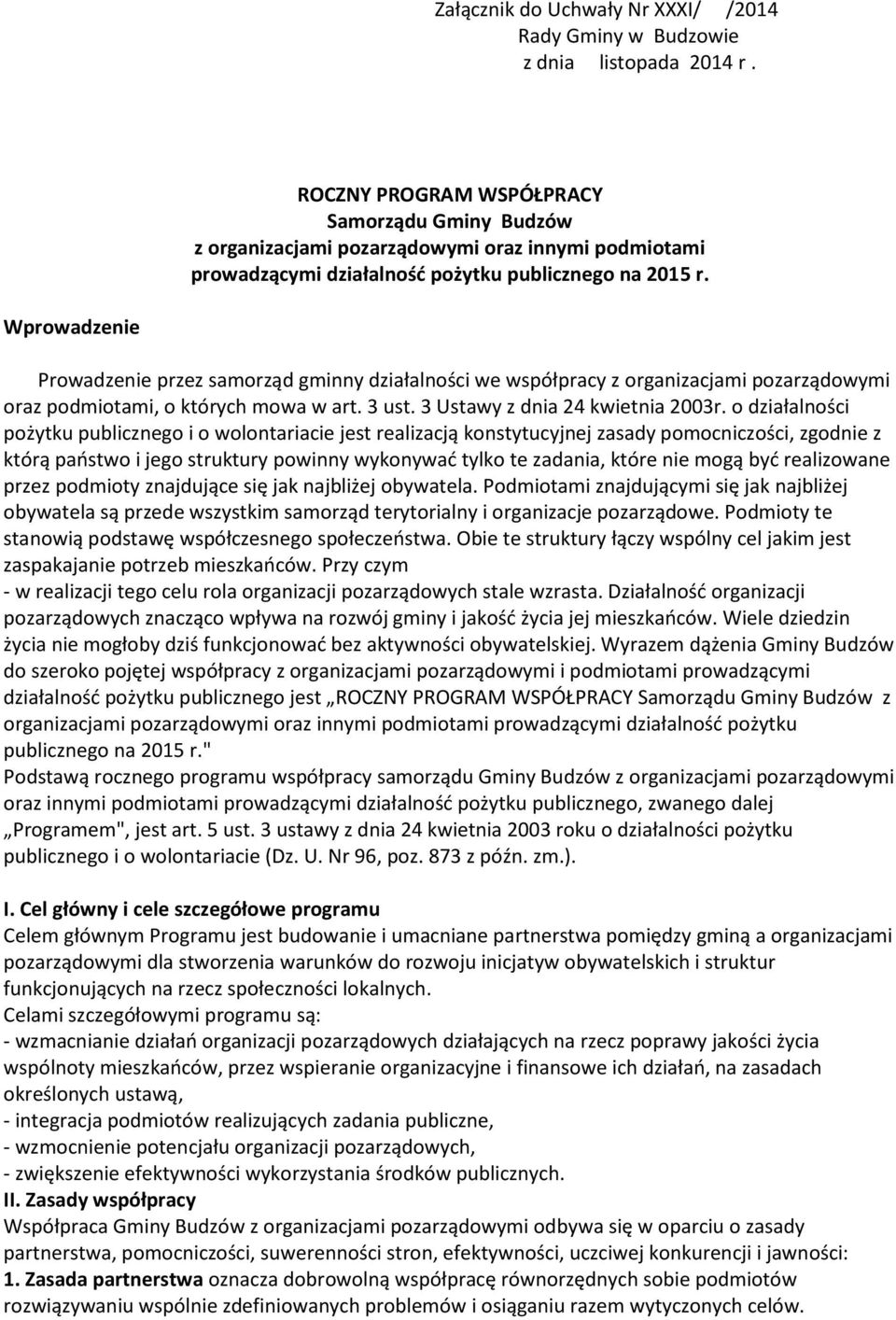 Wprowadzenie Prowadzenie przez samorząd gminny działalności we współpracy z organizacjami pozarządowymi oraz podmiotami, o których mowa w art. 3 ust. 3 Ustawy z dnia 24 kwietnia 2003r.