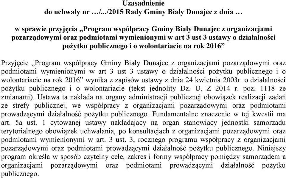 pożytku publicznego i o wolontariacie na rok 2016 Przyjęcie Program współpracy Gminy Biały Dunajec z organizacjami pozarządowymi oraz podmiotami wymienionymi w art 3 ust 3 ustawy o działalności