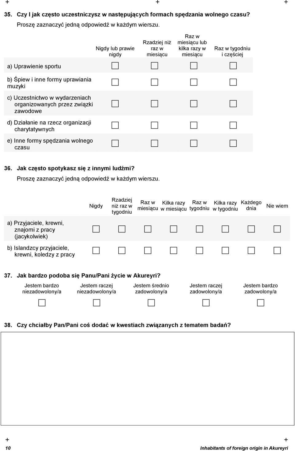 wydarzeniach organizowanych przez związki zawodowe d) Działanie na rzecz organizacji charytatywnych e) Inne formy spędzania wolnego czasu 36. Jak często spotykasz się z innymi ludźmi?