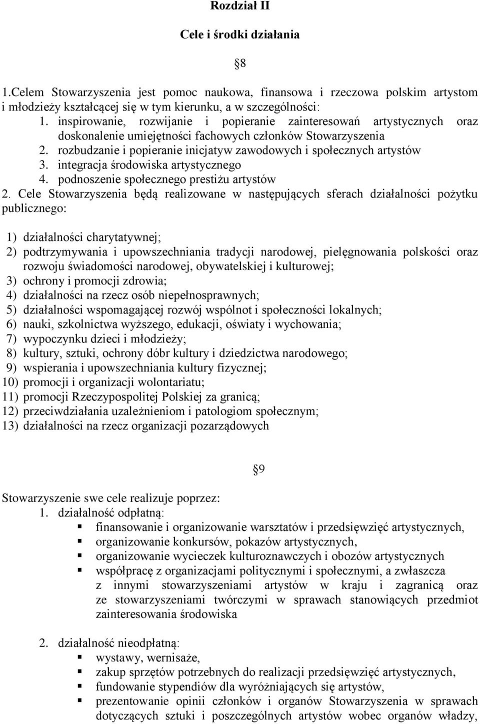 rozbudzanie i popieranie inicjatyw zawodowych i społecznych artystów 3. integracja środowiska artystycznego 4. podnoszenie społecznego prestiżu artystów 2.