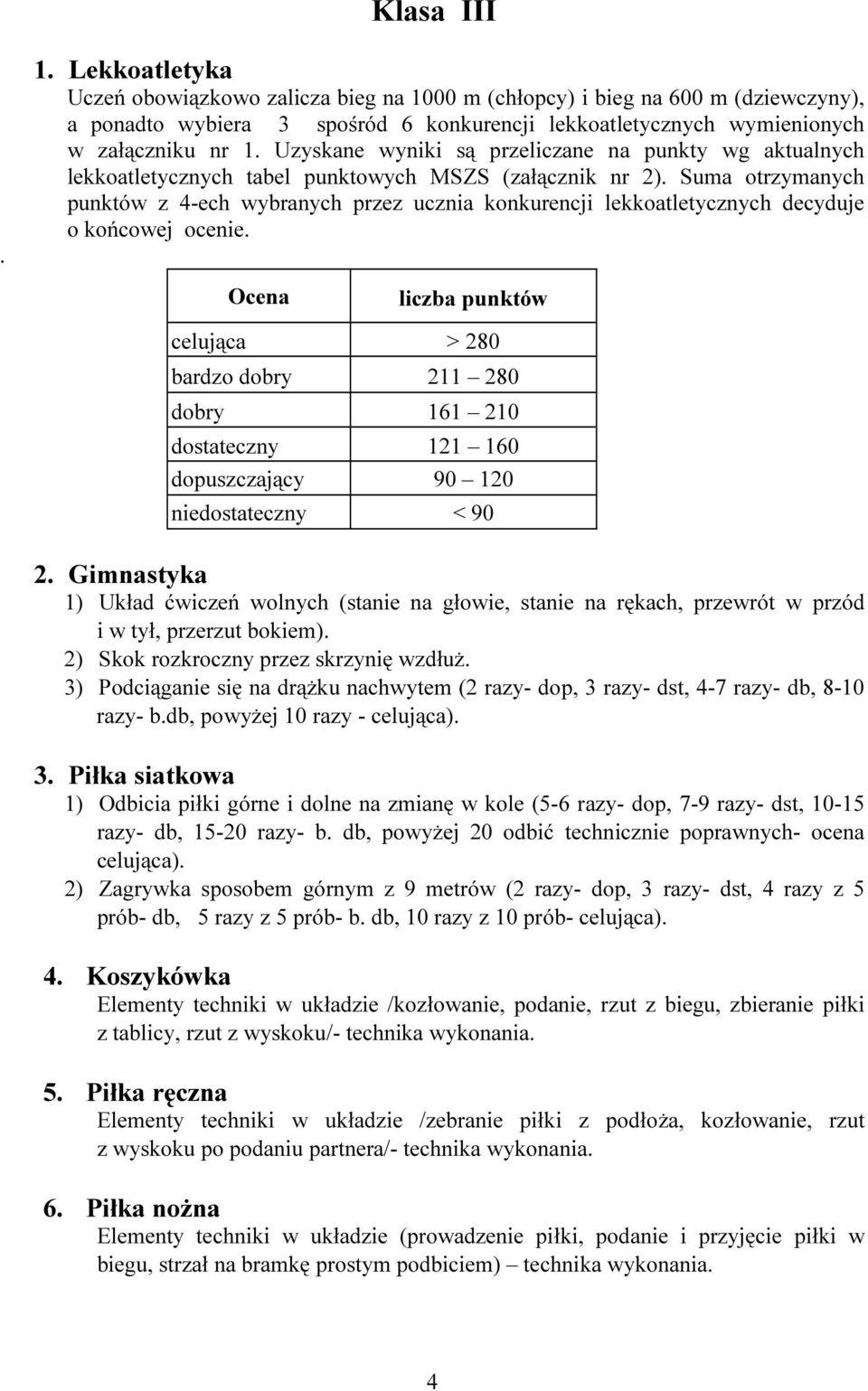 Suma otrzymanych punktów z 4-ech wybranych przez ucznia konkurencji lekkoatletycznych decyduje o końcowej ocenie.