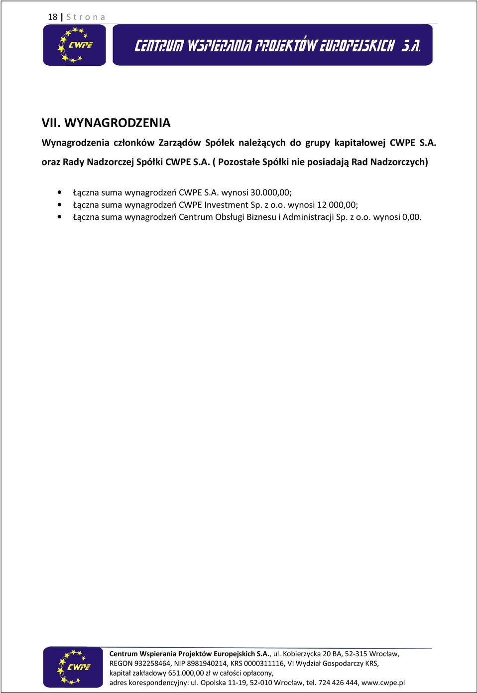 A. ( Pozostałe Spółki nie posiadają Rad Nadzorczych) Łączna suma wynagrodzeń CWPE S.A. wynosi 30.