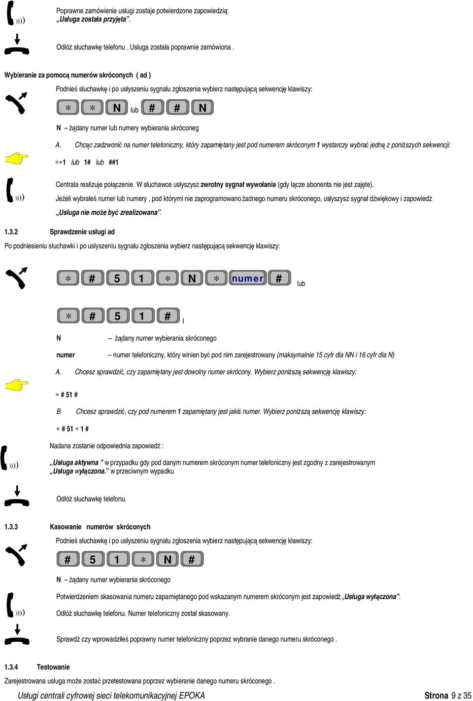 skróconeg A. Chcąc zadzwonić na numer telefoniczny, który zapamiętany jest pod numerem skróconym 1 wystarczy wybrać jedną z poniższych sekwencji: **1 lub 1# lub ##1 Centrala realizuje połączenie.