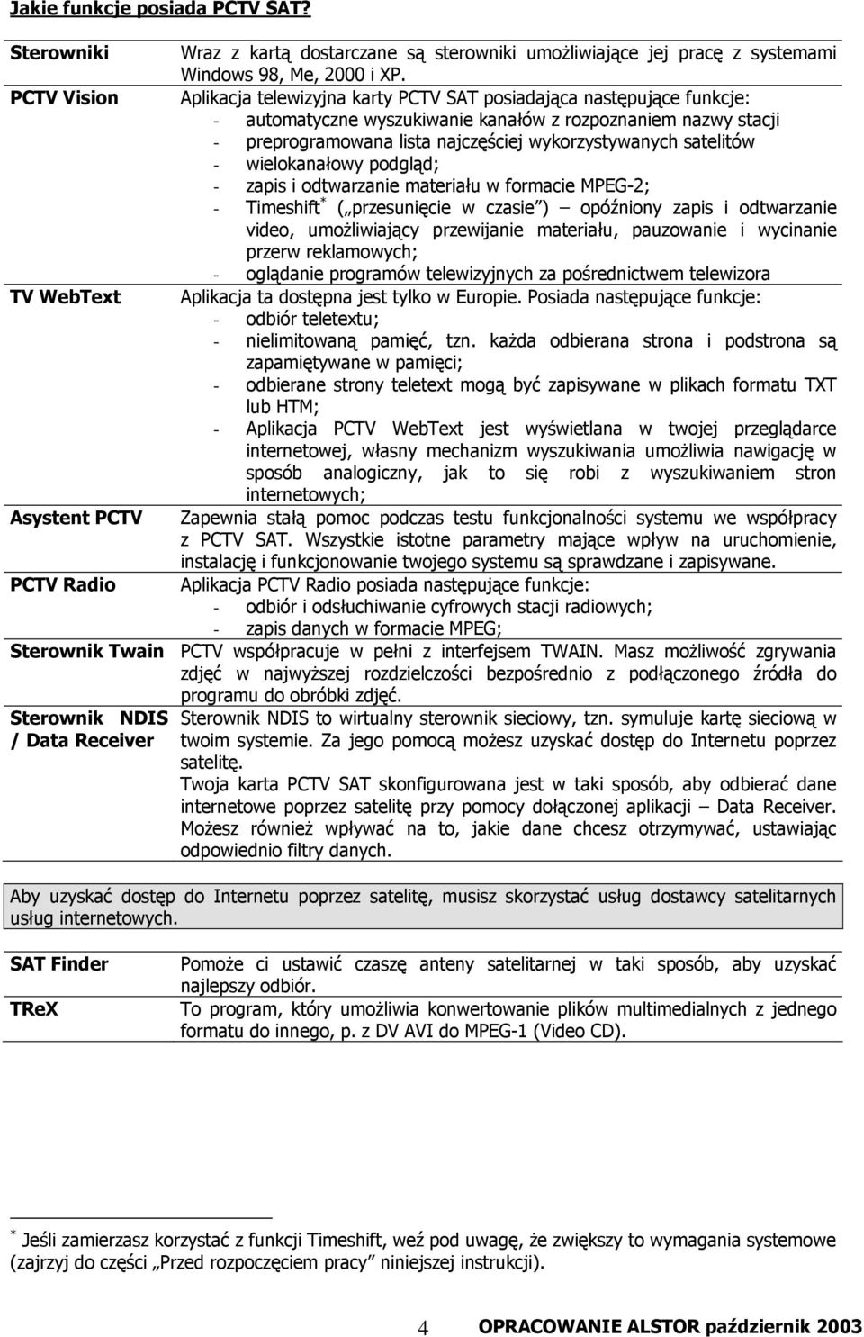 satelitów - wielokanałowy podgląd; - zapis i odtwarzanie materiału w formacie MPEG-2; - Timeshift * ( przesunięcie w czasie ) opóźniony zapis i odtwarzanie video, umożliwiający przewijanie materiału,