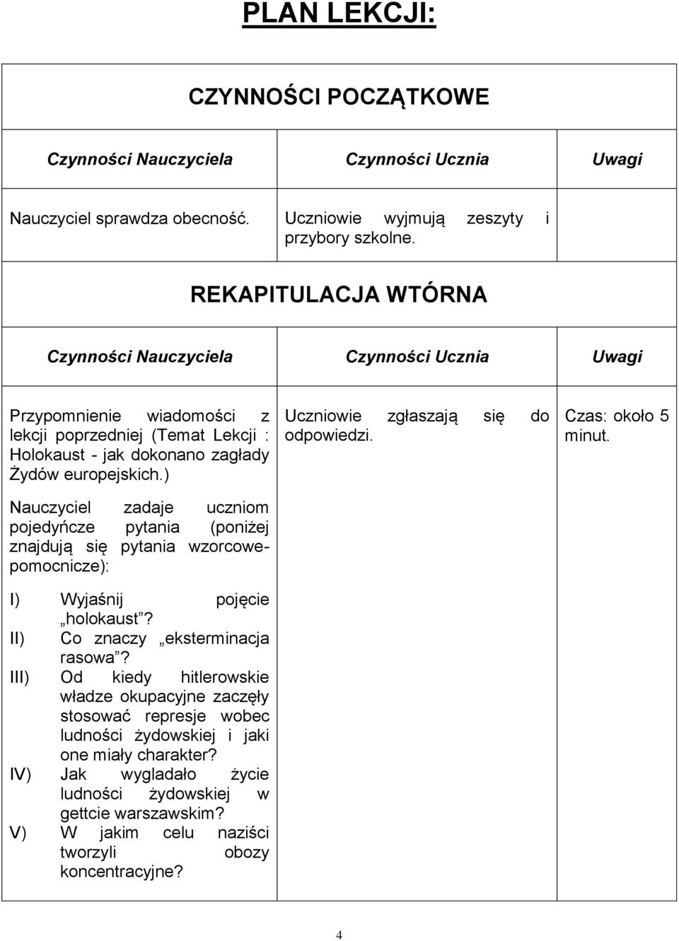 ) Nauczyciel zadaje uczniom pojedyńcze pytania (poniżej znajdują się pytania wzorcowepomocnicze): I) Wyjaśnij pojęcie holokaust? II) Co znaczy eksterminacja rasowa?