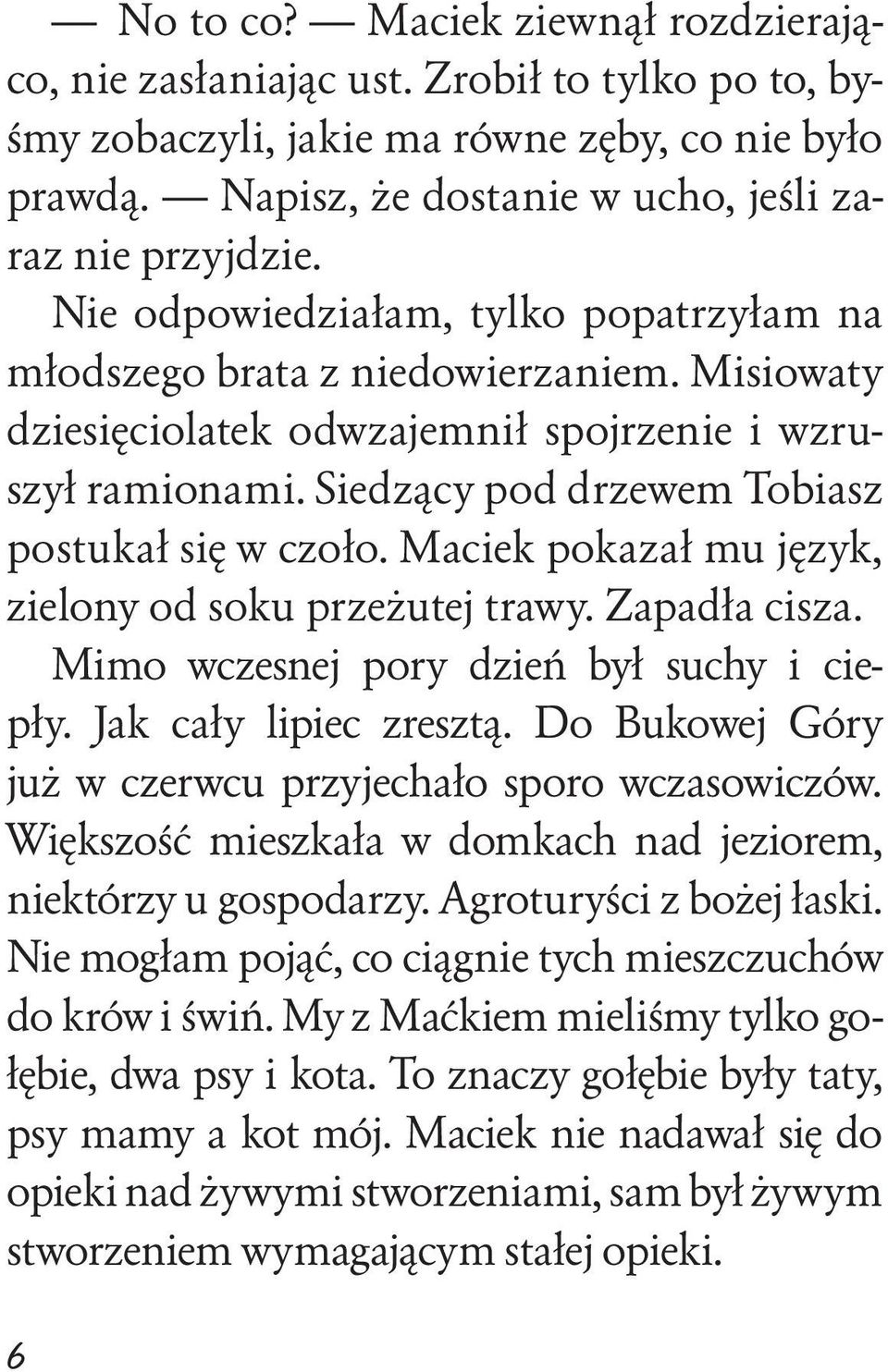 Maciek pokazał mu język, zielony od soku przeżutej trawy. Zapadła cisza. Mimo wczesnej pory dzień był suchy i ciepły. Jak cały lipiec zresztą.