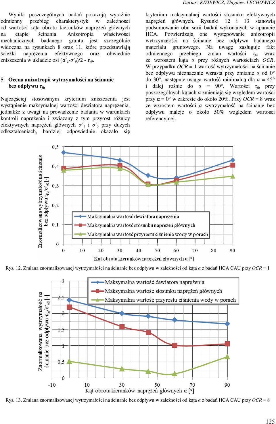 Anizotropia właściwości mechanicznych badanego gruntu jest szczególnie widoczna na rysunkach 8 oraz 11, które przedstawiają ścieżki naprężenia efektywnego oraz obwiednie zniszczenia w układzie osi (σ