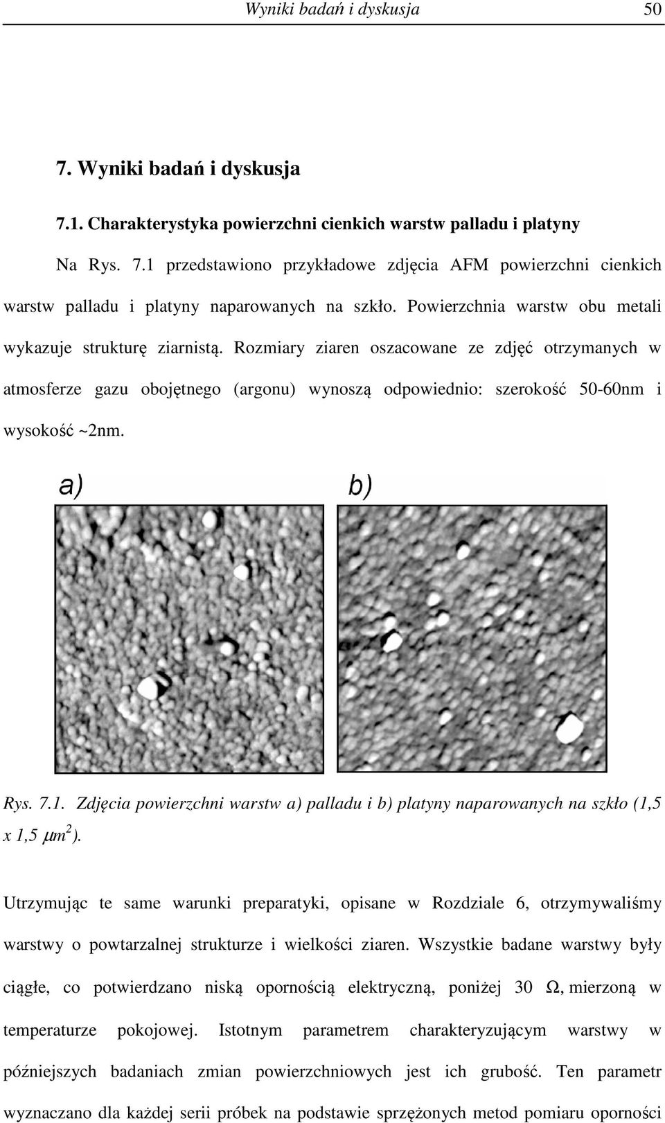 Rozmiary ziaren oszacowane ze zdjęć otrzymanych w atmosferze gazu obojętnego (argonu) wynoszą odpowiednio: szerokość 50-60nm i wysokość ~2nm. Rys. 7.1.