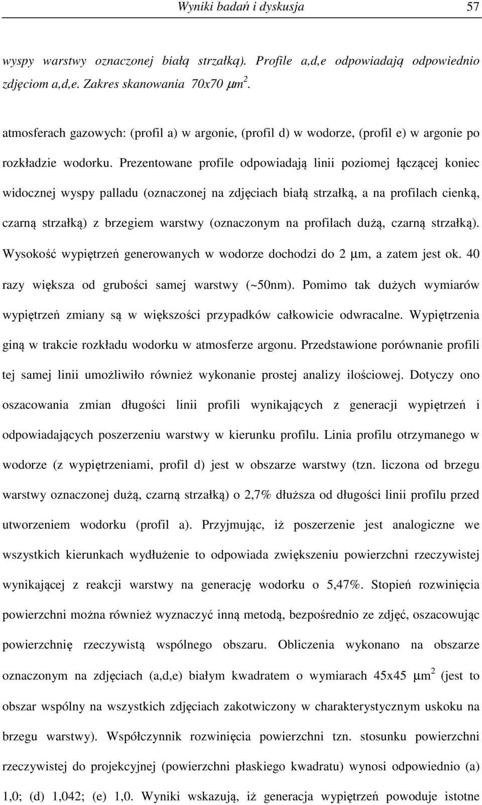 Prezentowane profile odpowiadają linii poziomej łączącej koniec widocznej wyspy palladu (oznaczonej na zdjęciach białą strzałką, a na profilach cienką, czarną strzałką) z brzegiem warstwy (oznaczonym