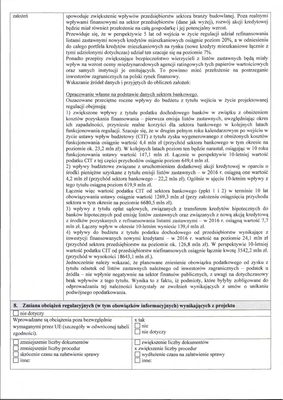 Przewiduje się, że w perspektywie 5 lat od wejścia w życie regulacji udział refinansowania listami zastawnymi nowych kredytów mieszkaniowych osiągnie poziom 20%, a w odniesieniu do całego portfela