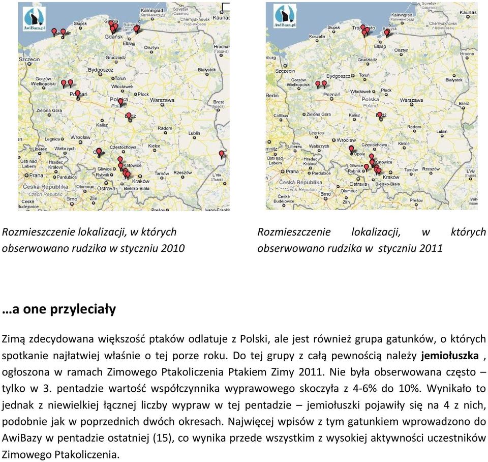 Do tej grupy z całą pewnością należy jemiołuszka, ogłoszona w ramach Zimowego Ptakoliczenia Ptakiem Zimy 2011. Nie była obserwowana często tylko w 3.