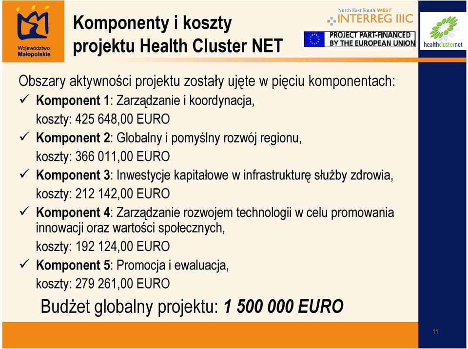 kapitałowe w infrastrukturę słuŝby zdrowia, koszty: 212 142,00 EURO Komponent 4: Zarządzanie rozwojem technologii w celu promowania innowacji