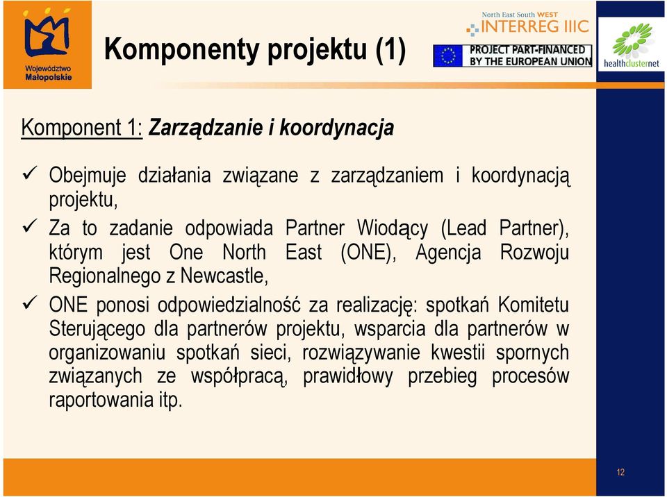 Newcastle, ONE ponosi odpowiedzialność za realizację: spotkań Komitetu Sterującego dla partnerów projektu, wsparcia dla partnerów