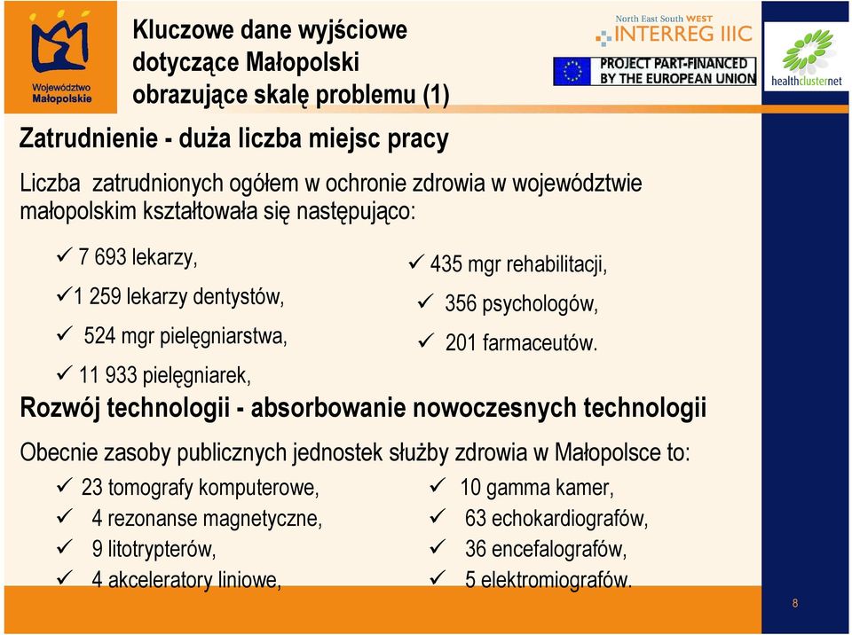 absorbowanie nowoczesnych technologii Obecnie zasoby publicznych jednostek słuŝby zdrowia w Małopolsce to: 23 tomografy komputerowe, 4 rezonanse magnetyczne, 9