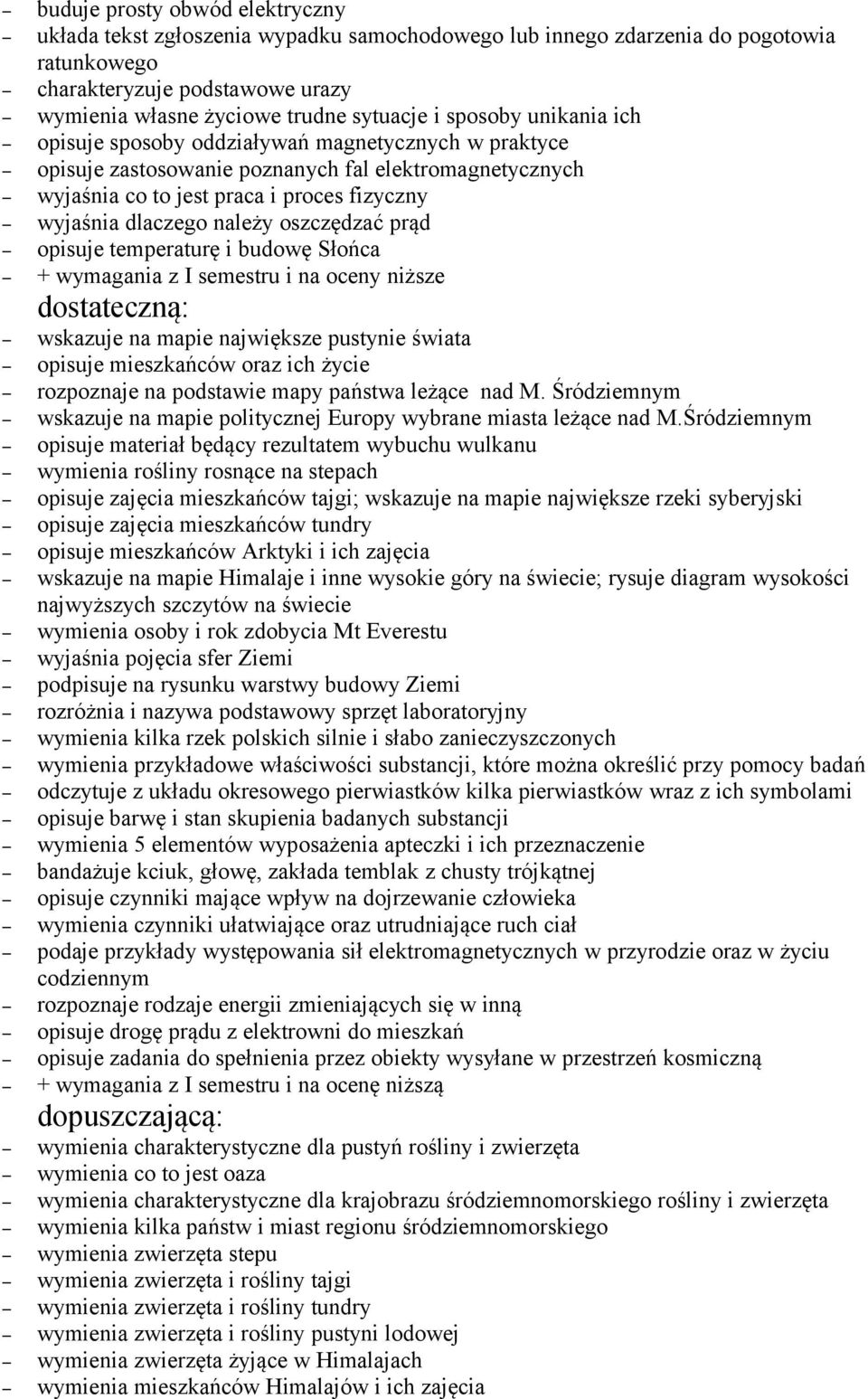 oszczędzać prąd opisuje temperaturę i budowę Słońca + wymagania z I semestru i na oceny niższe dostateczną: wskazuje na mapie największe pustynie świata opisuje mieszkańców oraz ich życie rozpoznaje